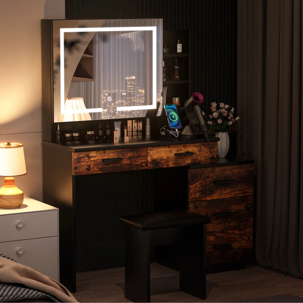 White Makeup Vanity Desk Set with Sliding Mirror and Lights I36565