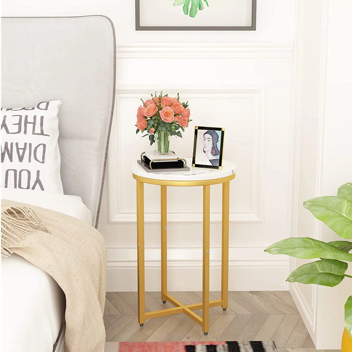 Round Faux Marble Side Table with Metal Frame V53445