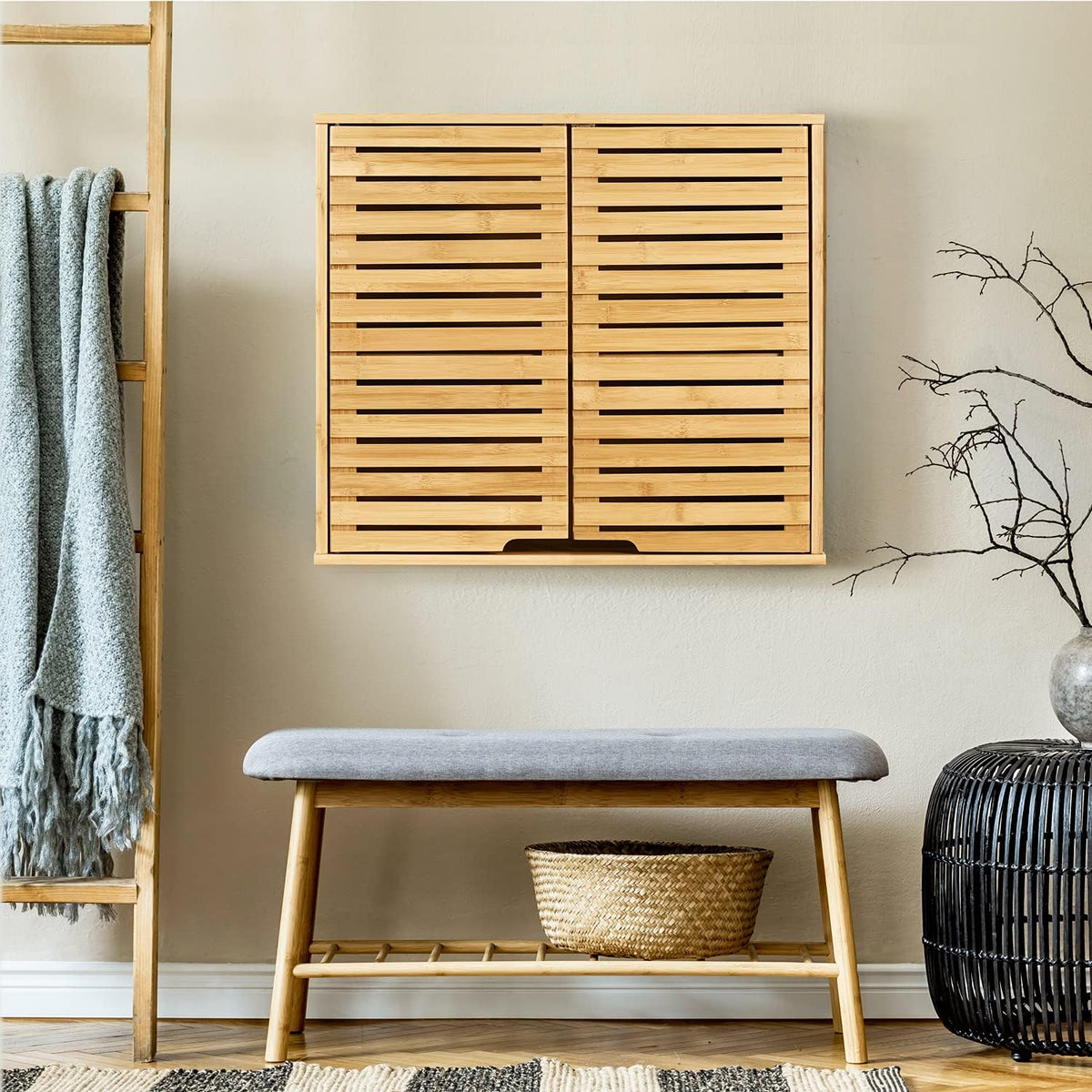 Bamboo 2 Tier Wall Cabinet with Adjustable Interior F79114