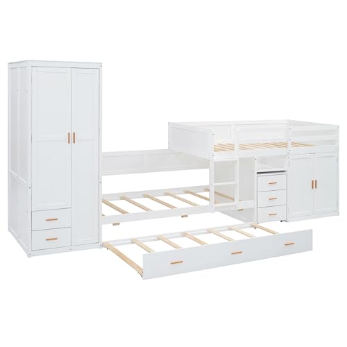 White Twin Over Twin Wood Bunk Bed with Trundle V8453