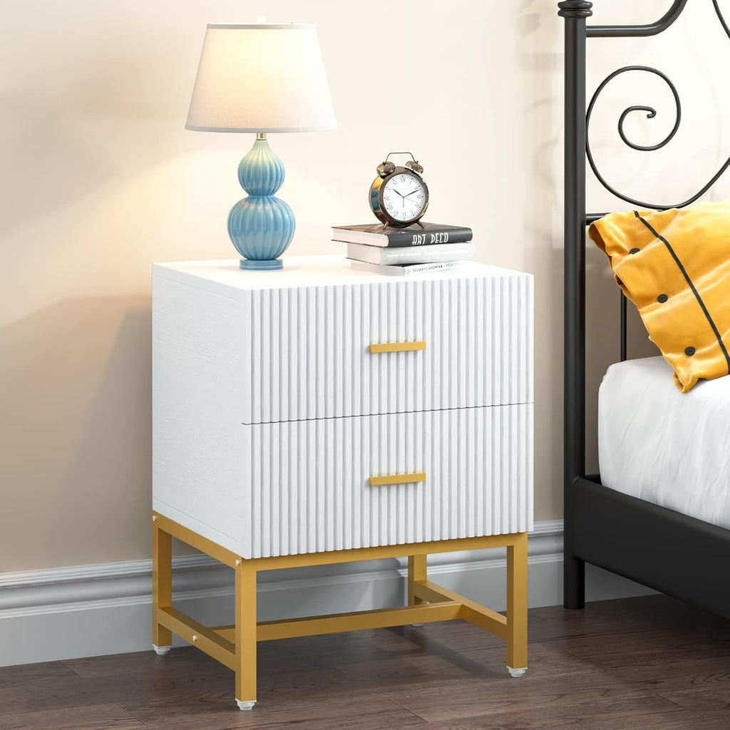 White 2-Drawer Nightstand with Storage Cabinet Metal Frame D266545