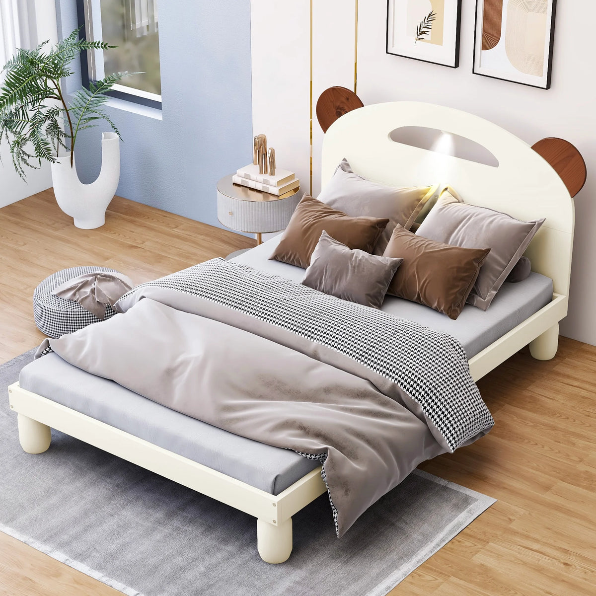 Twin Size Upholstered Bed Frame with Bear Ears Headboard and LED P4786
