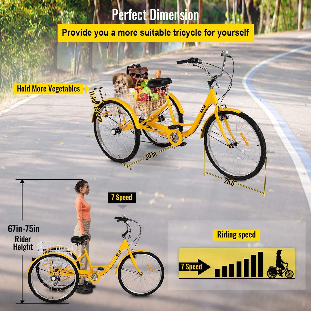 Adult Tricycle 7 Speed 26in Adjustable Trike with Bell, Brake System Basket T95188