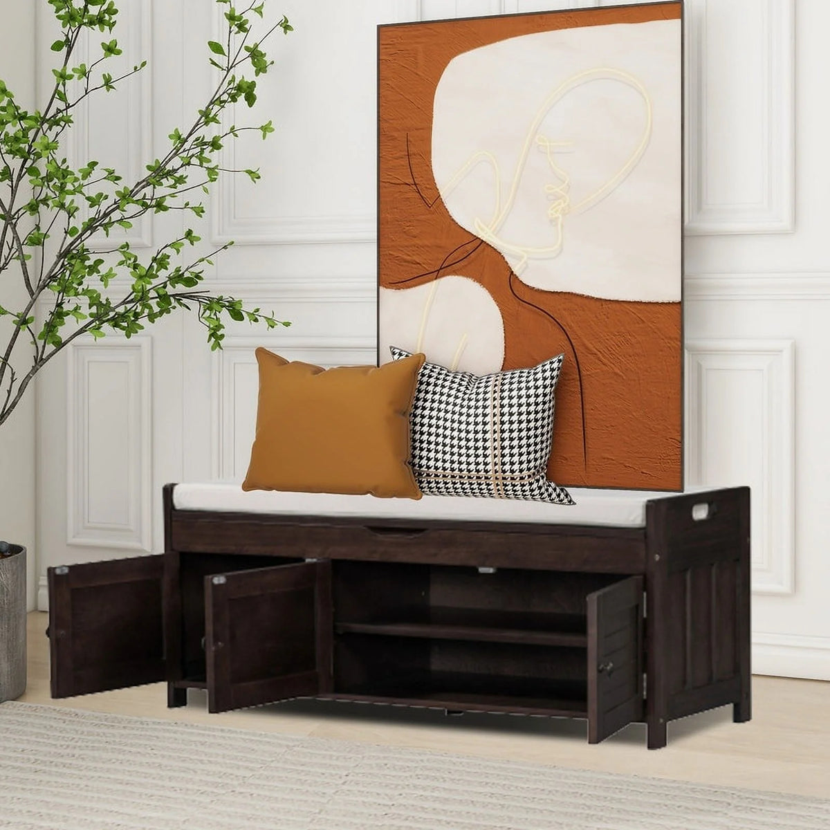 Espresso Wooden Shoe Storage Stool with Cushioned Bench B195