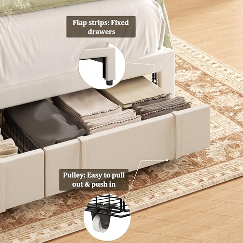 Beige Queen Upholstered Platform Bed Frame with Storage Drawers C5263