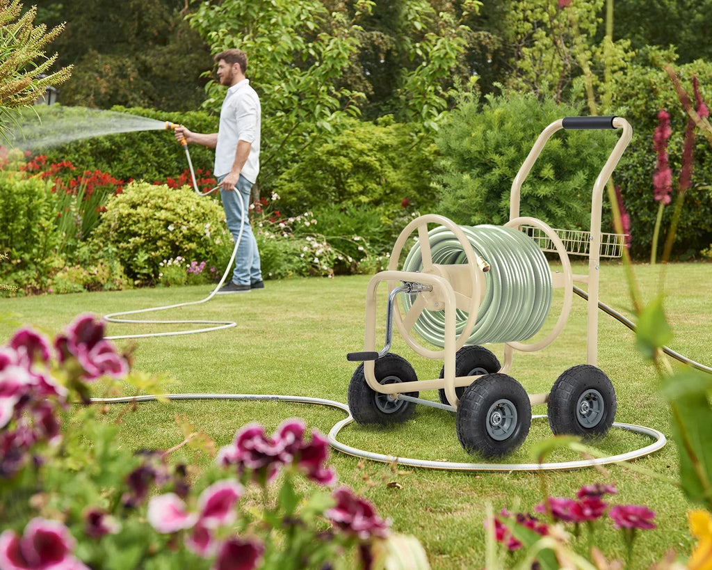 Tan Metal Hose Reel Cart Holds 300-Feet of 5/8-Inch Hose D305