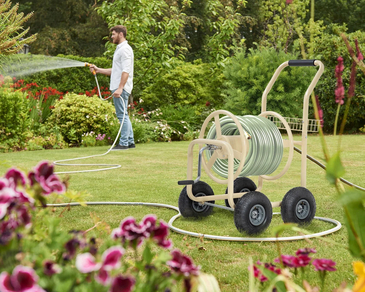 Tan Metal Hose Reel Cart Holds 300-Feet of 5/8-Inch Hose D305
