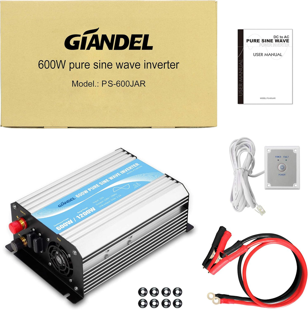 600W 12V DC to 110V 120V Pure Sine Wave Power Inverter with Remote Control Dual AC Outlets USB Port U50361
