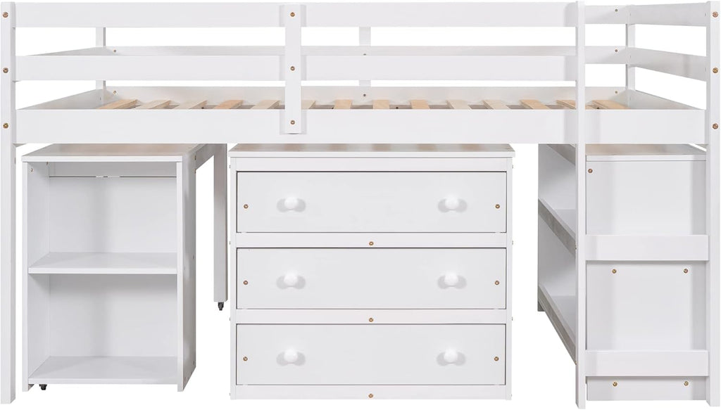 White Full Size Wood Loft Bed with Desk P386