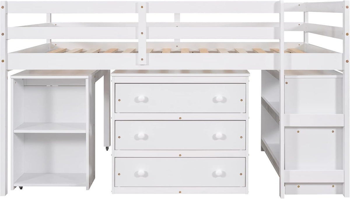 White Full Size Wood Loft Bed with Desk P386