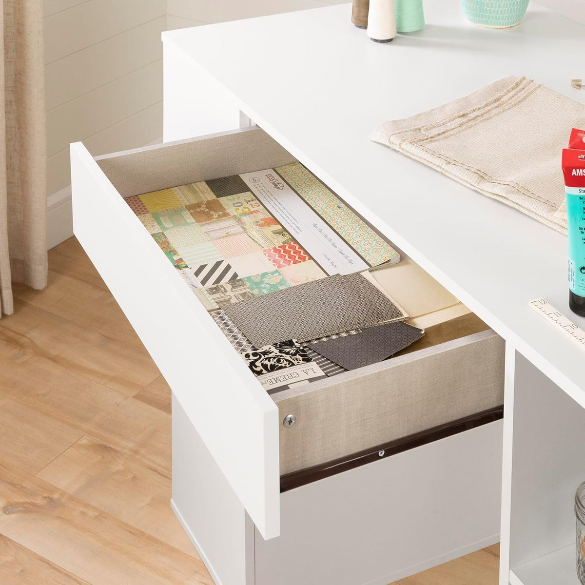 Pure White Counter-Height Craft Table with 4 baskets Q293