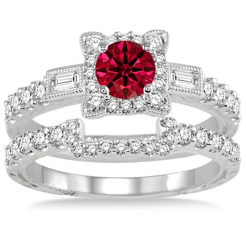 1.5 Carat Ruby & Diamond Vintage Floral Bridal Set Engagement Ring on 10k White Gold A20817