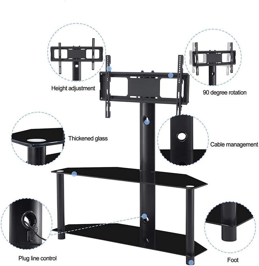 Swivel Floor TV Stand with Tempered Glass Shelf, Black E547