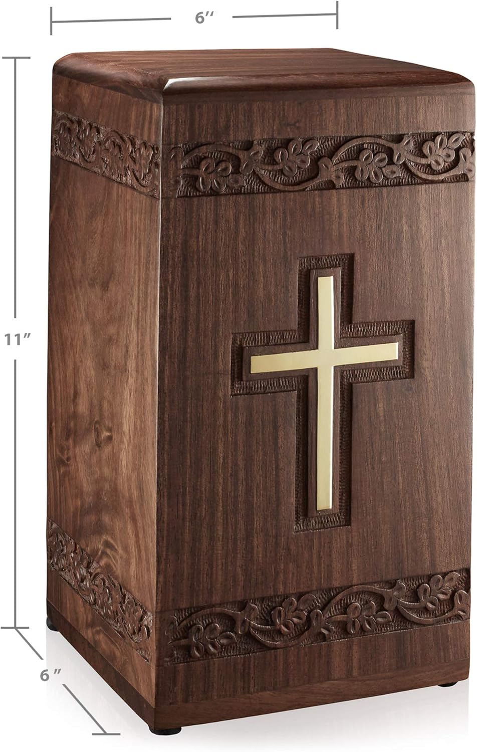 Rosewood Hand-Carved Urn Box with Solid Brass Cross, Velvet Bag E361706