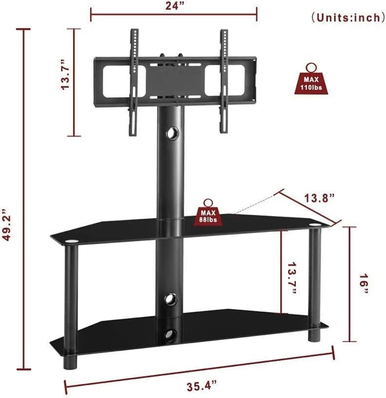 Swivel Floor TV Stand with Tempered Glass Shelf, Black E547