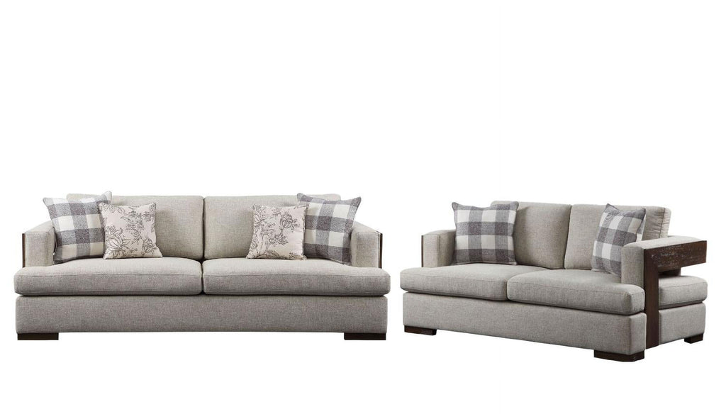 Beige Fabric & Walnut Sofa + Loveseat M6612