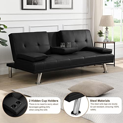 Black Leather Futon Sofa Bed with 2 Cup Holders P99858