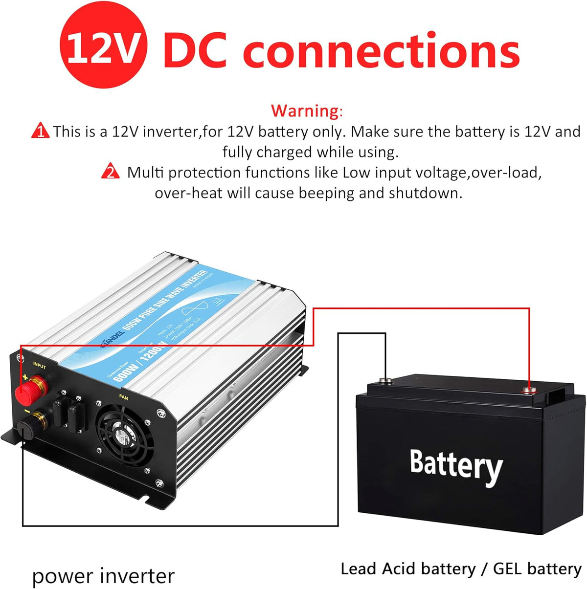 600W 12V DC to 110V 120V Pure Sine Wave Power Inverter with Remote Control Dual AC Outlets USB Port U50361