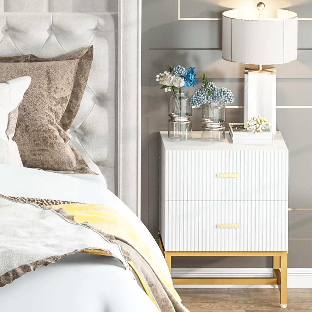 White 2-Drawer Nightstand with Storage Cabinet Metal Frame D266545