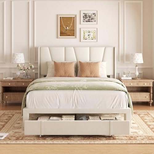 Beige Queen Upholstered Platform Bed Frame with Storage Drawers C5263