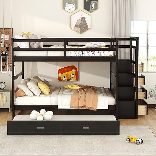 Twin Over Twin Bunk Bed with Stairs and Trundle White N38606