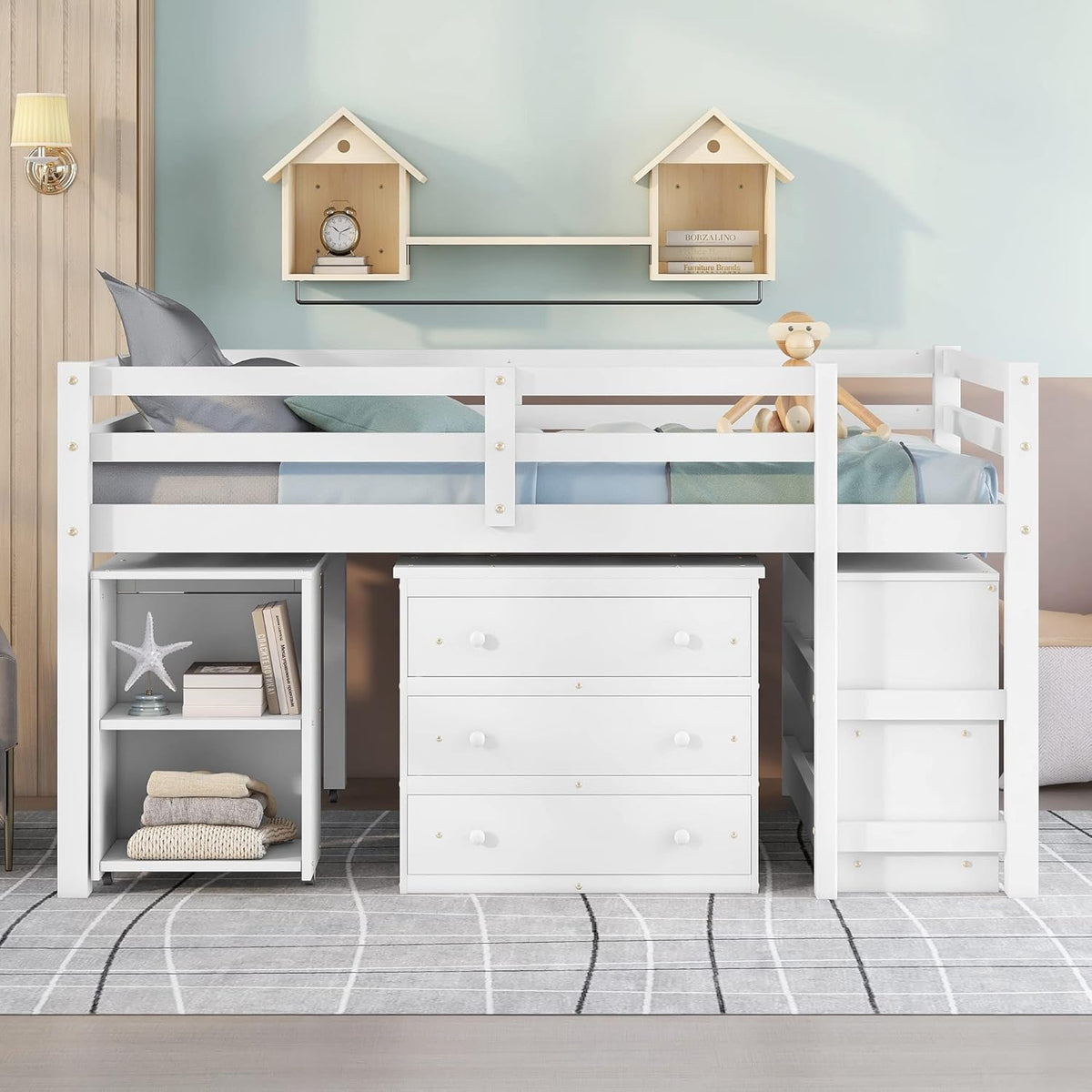 White Full Size Wood Loft Bed with Desk P386