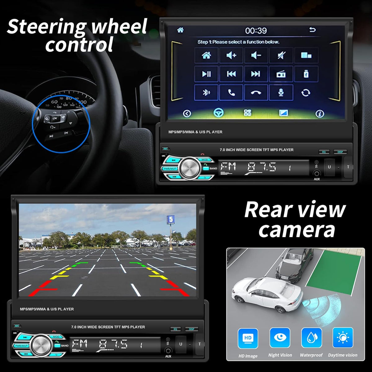 Single Din Car Stereo with Carplay Android Auto 7 Inch Touch Screen F33366