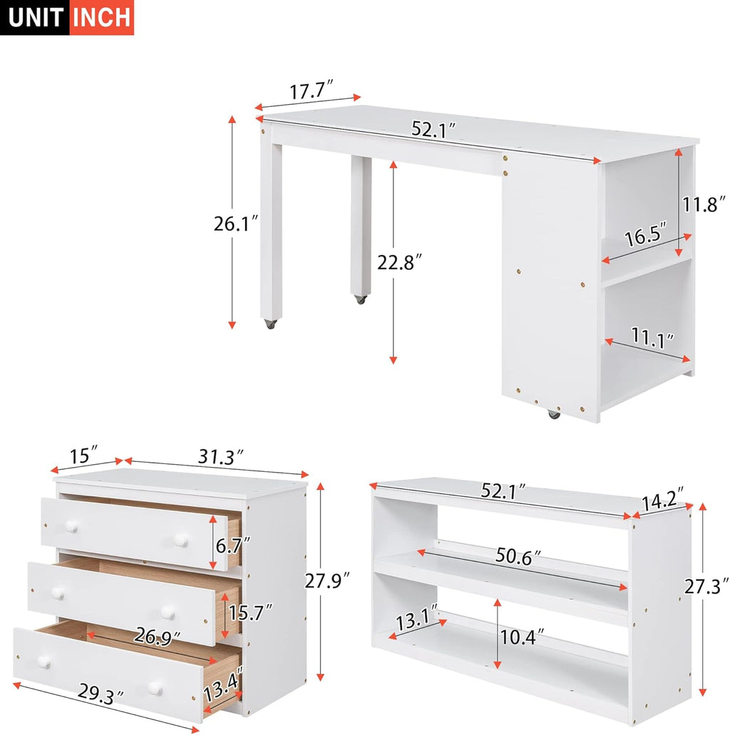 White Full Size Wood Loft Bed with Desk P386