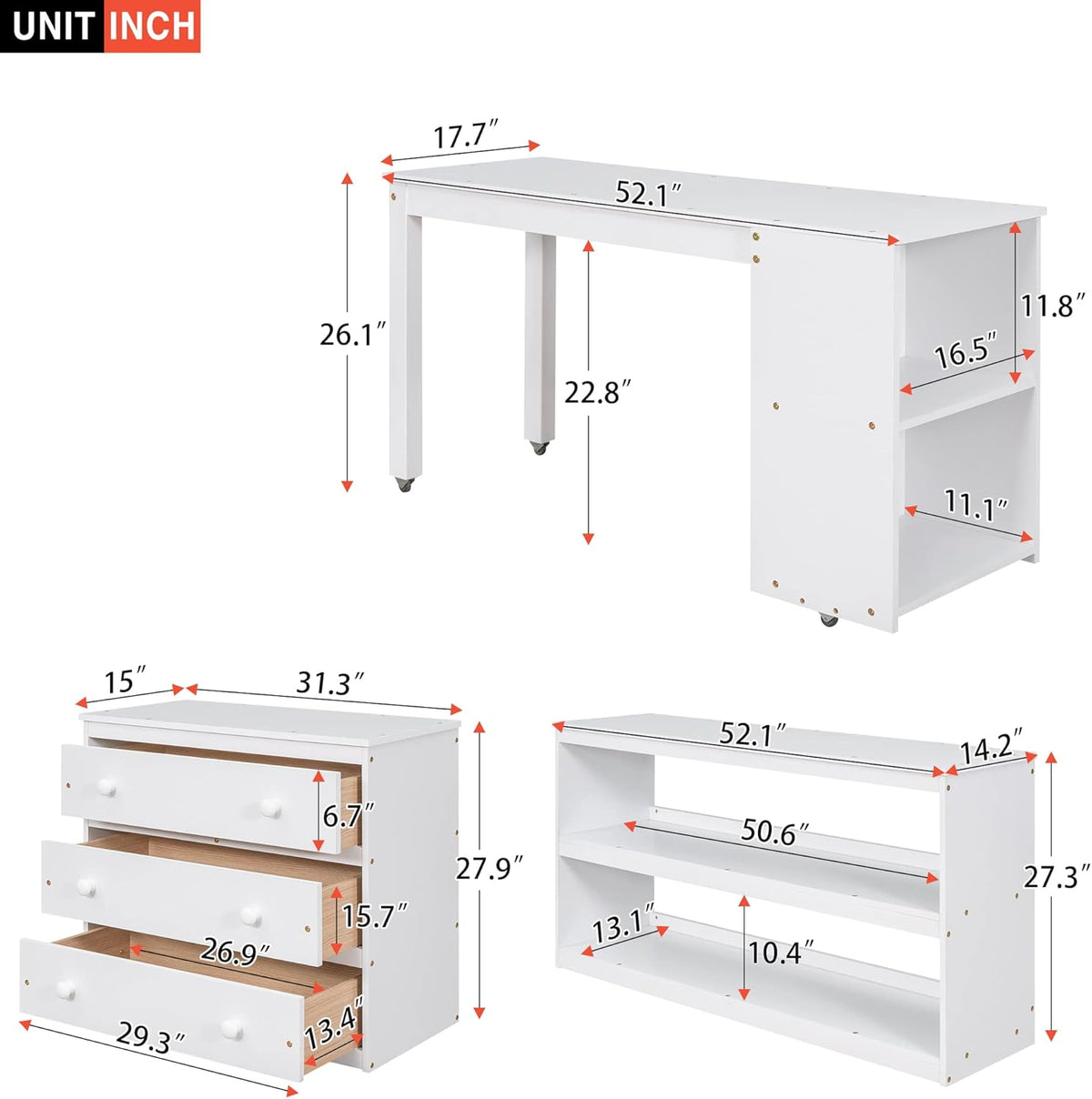 White Full Size Wood Loft Bed with Desk P386