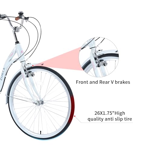 26 Inch Beach Cruiser Bike with 7 Speed, Adjustable Seat, Anti-Skid Tires, Front and Rear V-Brakes K797060