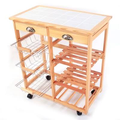 Kitchen & Dining Room Cart 2-Drawer Storage Rack with Rolling Wheels Wood Color G155