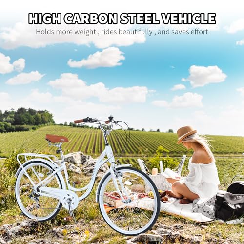 26 Inch Beach Cruiser Bike with 7 Speed, Adjustable Seat, Anti-Skid Tires, Front and Rear V-Brakes K797060