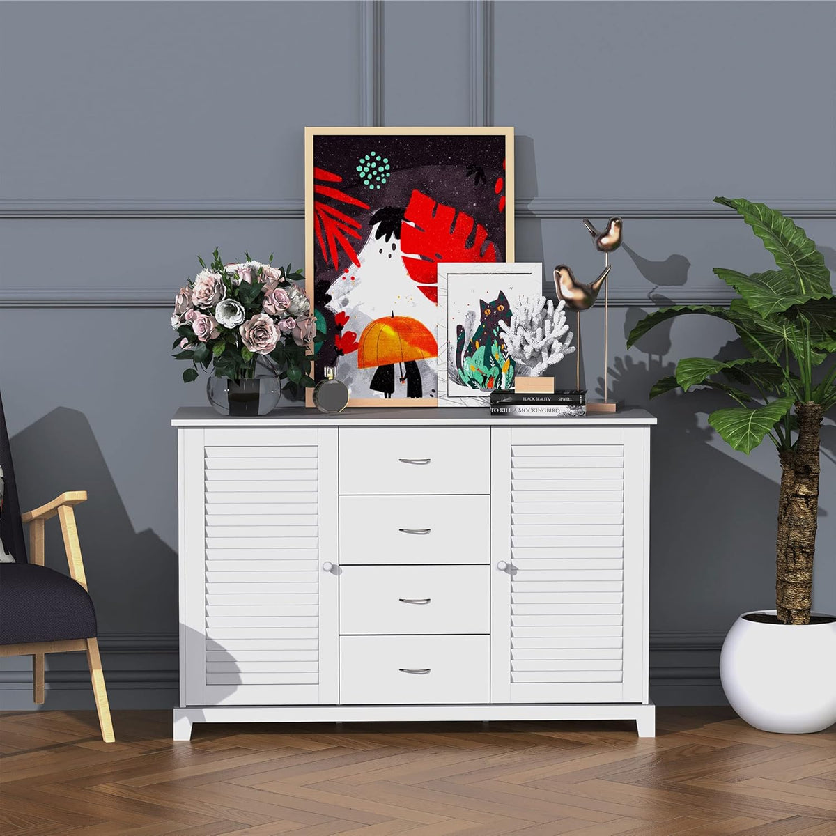 White Storage Cabinet with Drawers and Louvered Doors M698695
