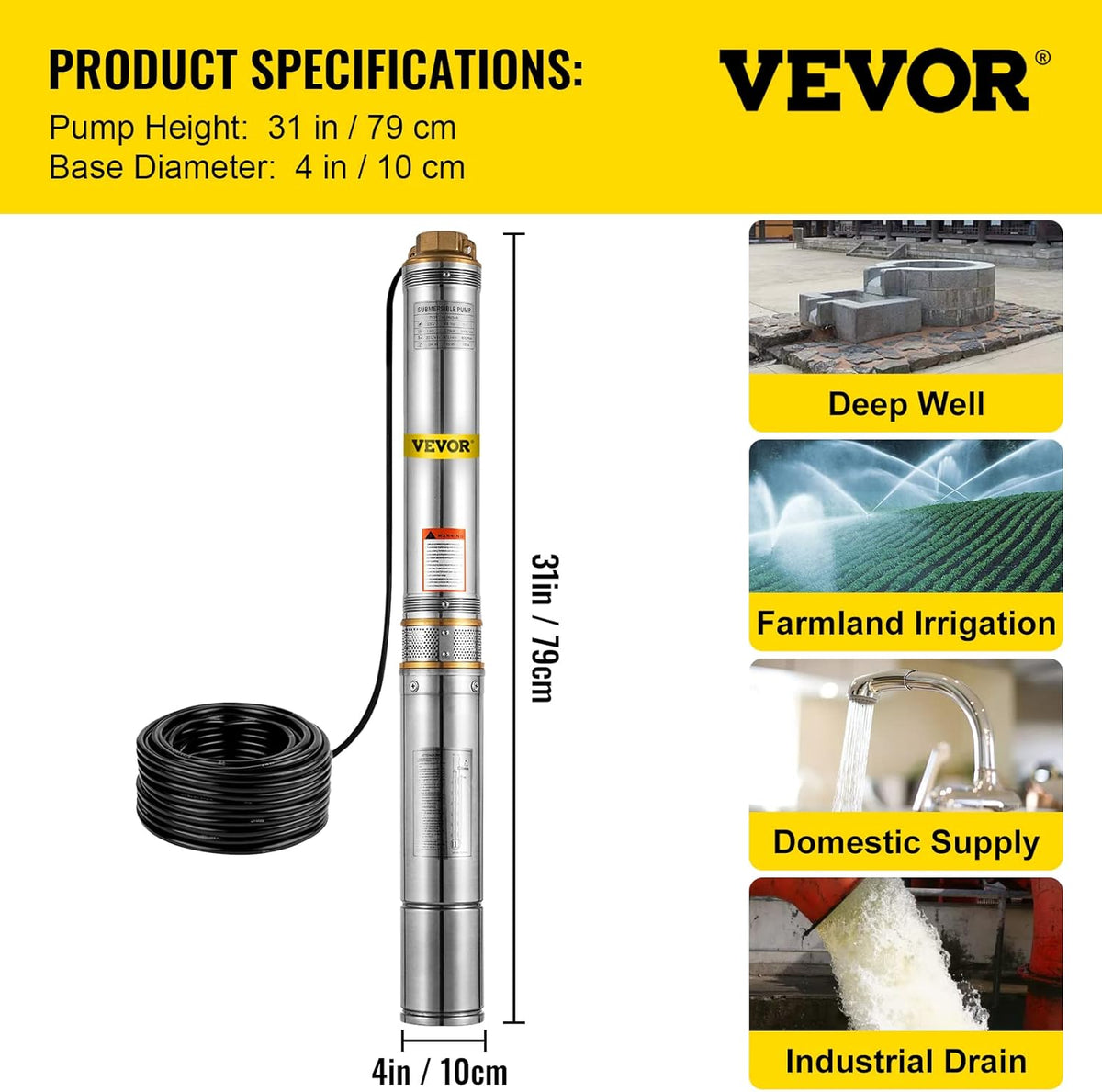 1 HP 33GPM 207ft Head Submersible Stainless Steel Well Pump T3128