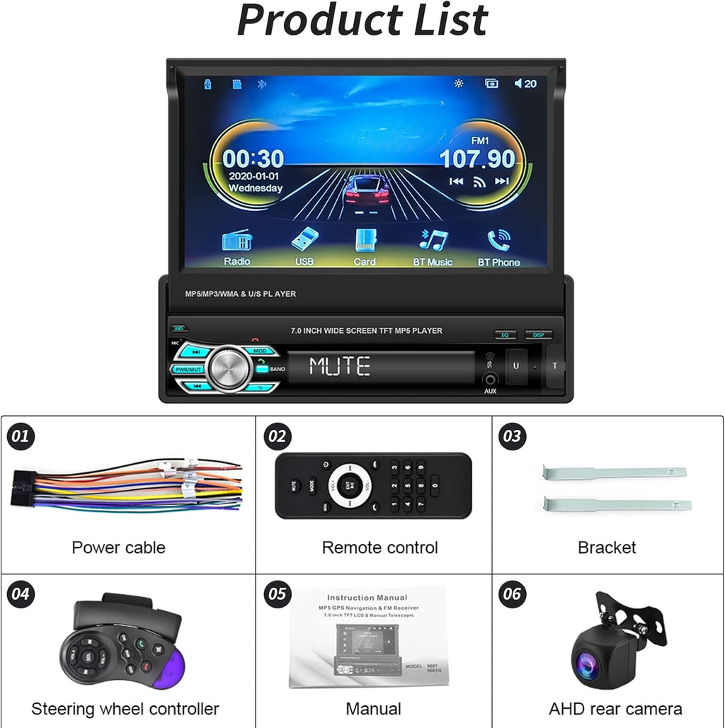 Single Din Car Stereo with Carplay Android Auto 7 Inch Touch Screen F33366