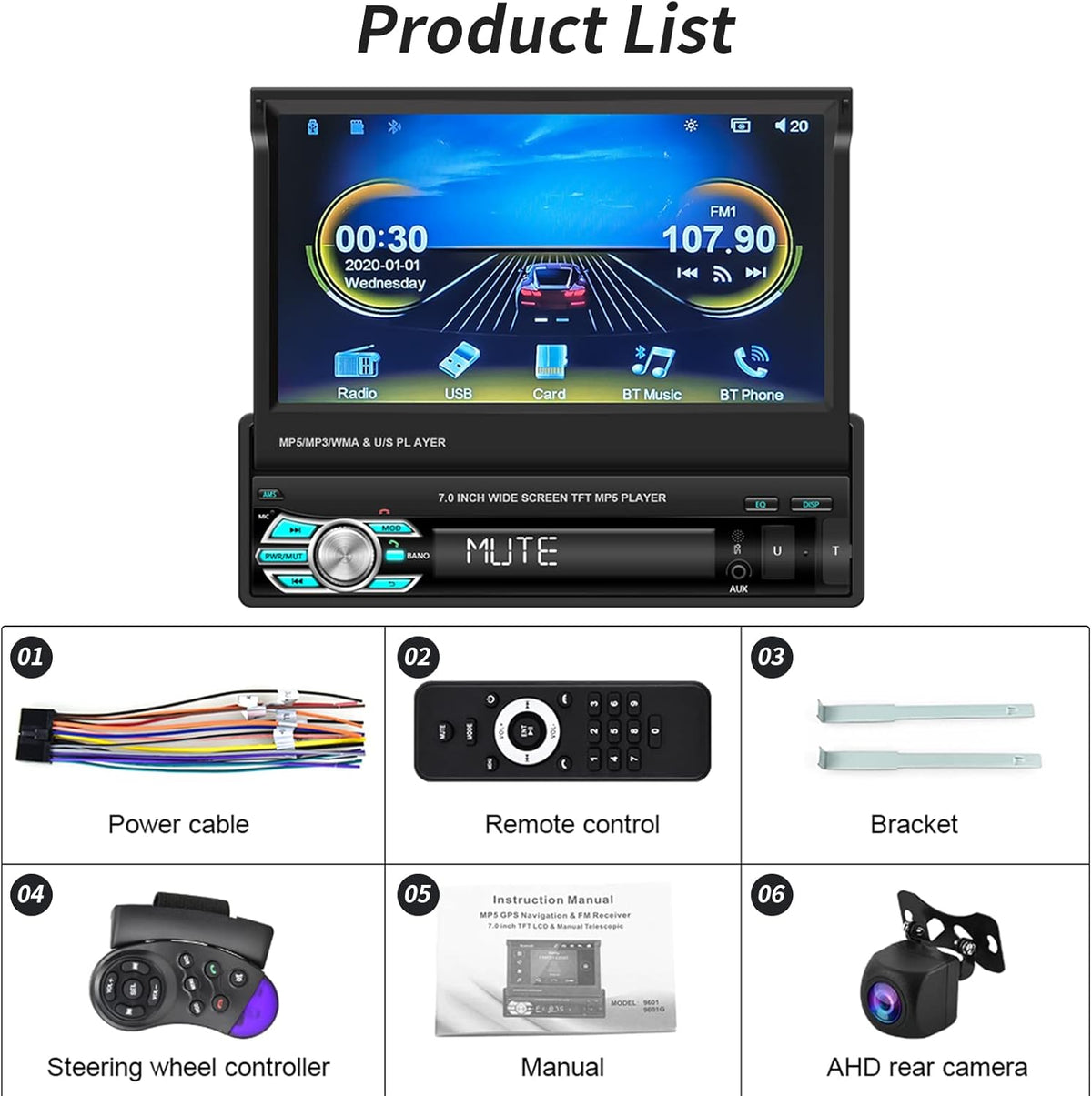 Single Din Car Stereo with Carplay Android Auto 7 Inch Touch Screen F33366