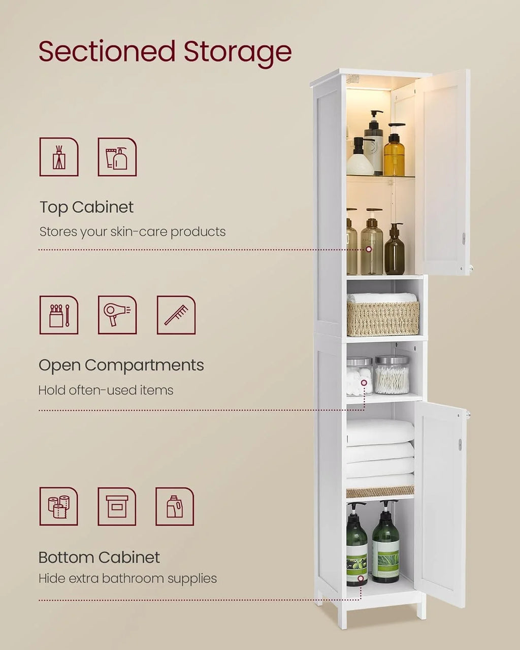 Cloud White Tall Bathroom Storage Cabinet with Adjustable Shelves E38300