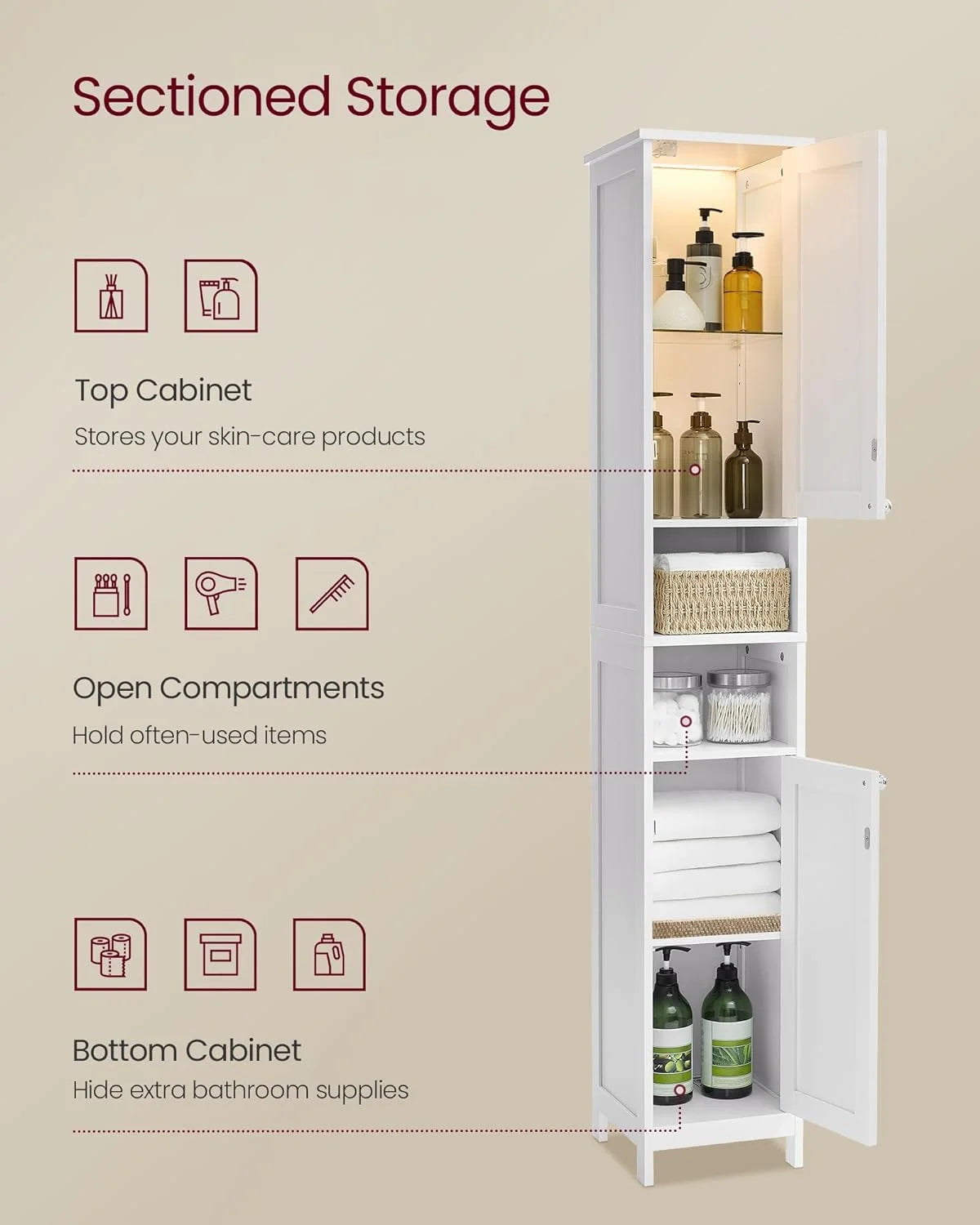 Cloud White Tall Bathroom Storage Cabinet with Adjustable Shelves E38300