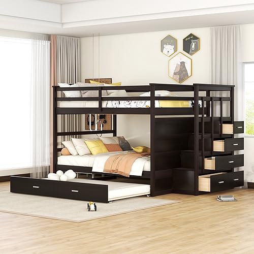 Twin Over Twin Bunk Bed with Stairs and Trundle White N38606