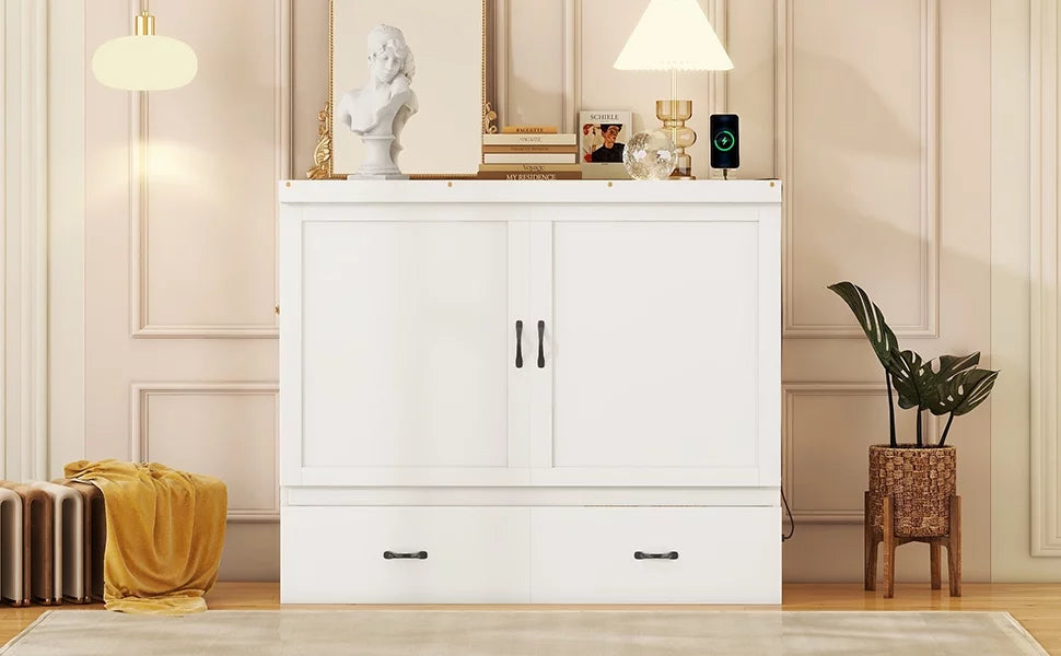 Full Size White Murphy Bed with USB Port and 2 Storage Drawers L4287