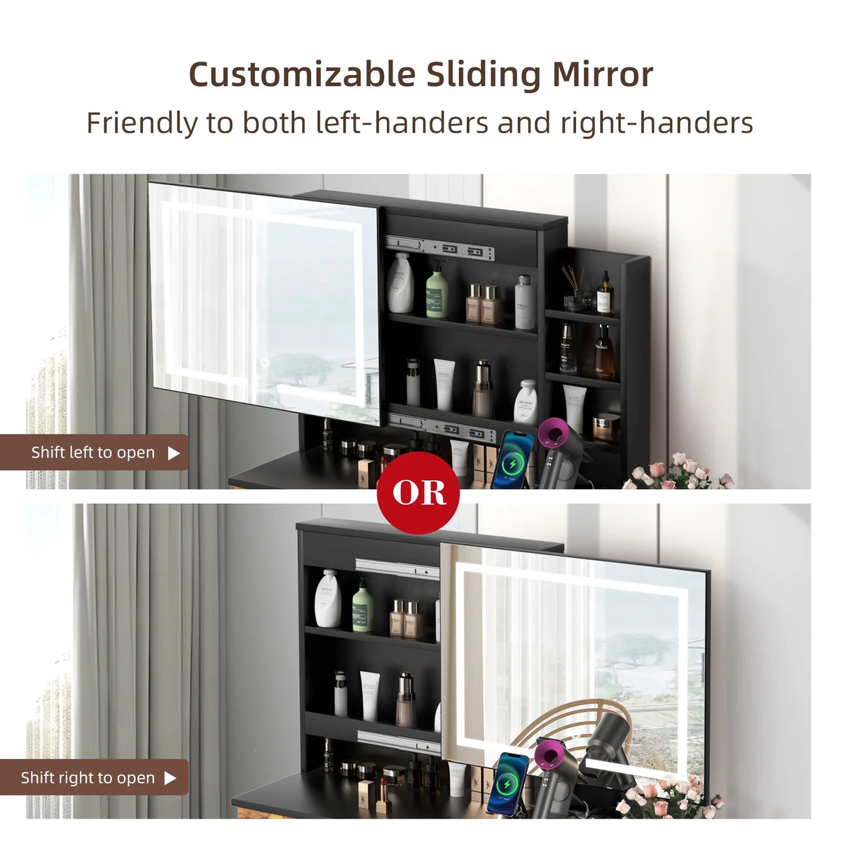 White Makeup Vanity Desk Set with Sliding Mirror and Lights I36565