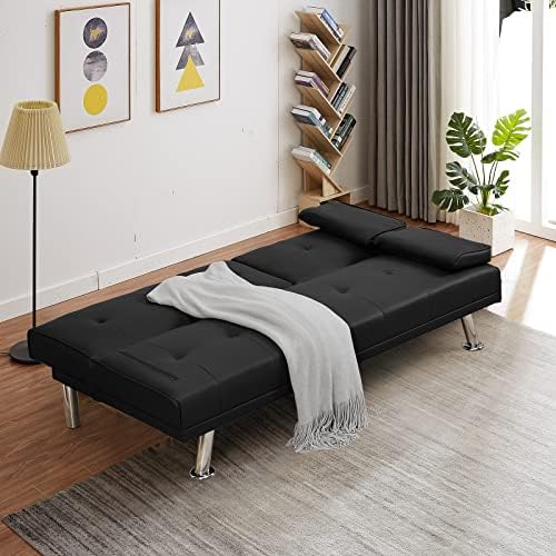 Black Leather Futon Sofa Bed with 2 Cup Holders P99858