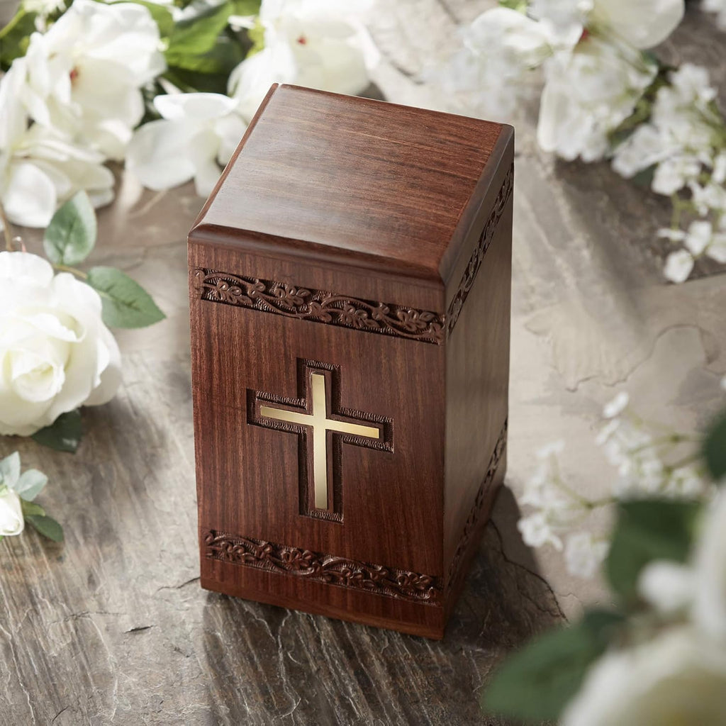 Rosewood Hand-Carved Urn Box with Solid Brass Cross, Velvet Bag E361706
