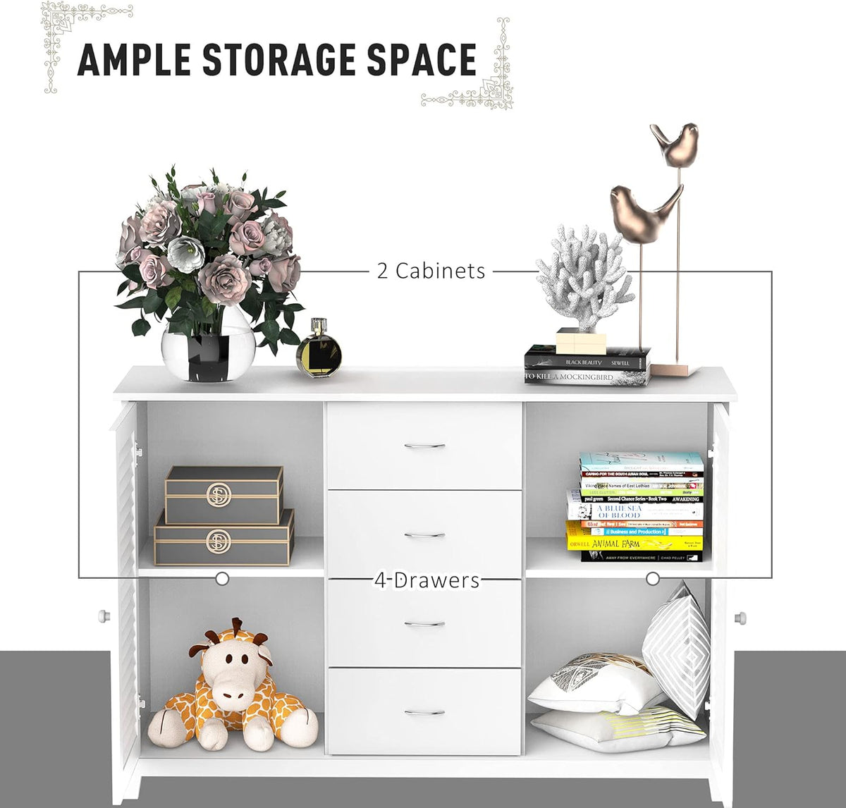 White Storage Cabinet with Drawers and Louvered Doors M698695