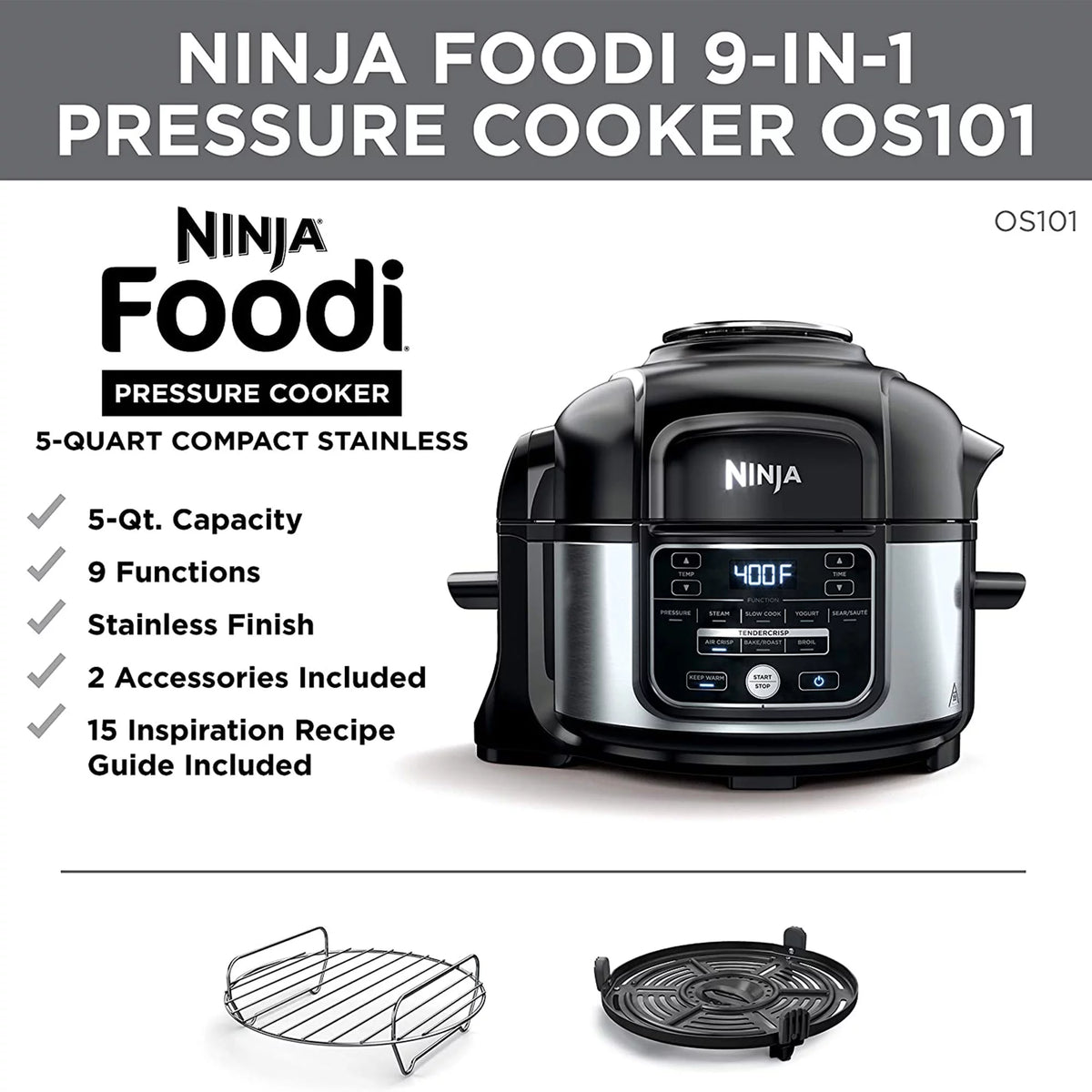 9 in 1 Pressure Cooker and Air Fryer with Nesting Rack, Silver I7336