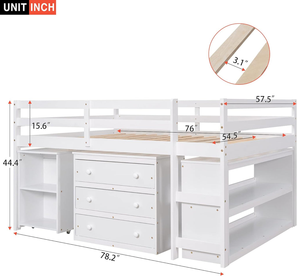 White Full Size Wood Loft Bed with Desk P386