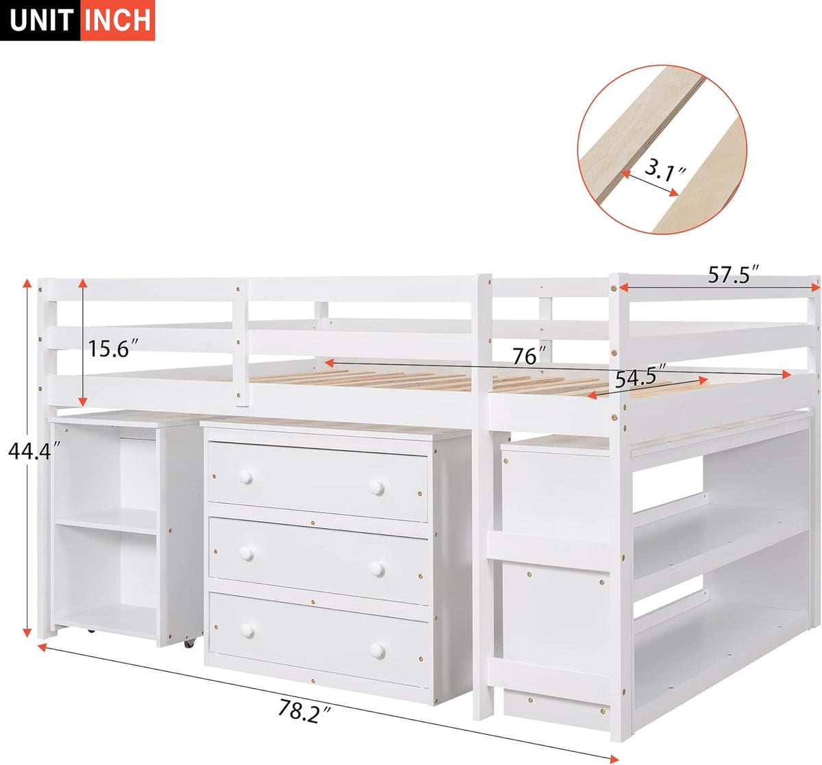 White Full Size Wood Loft Bed with Desk P386