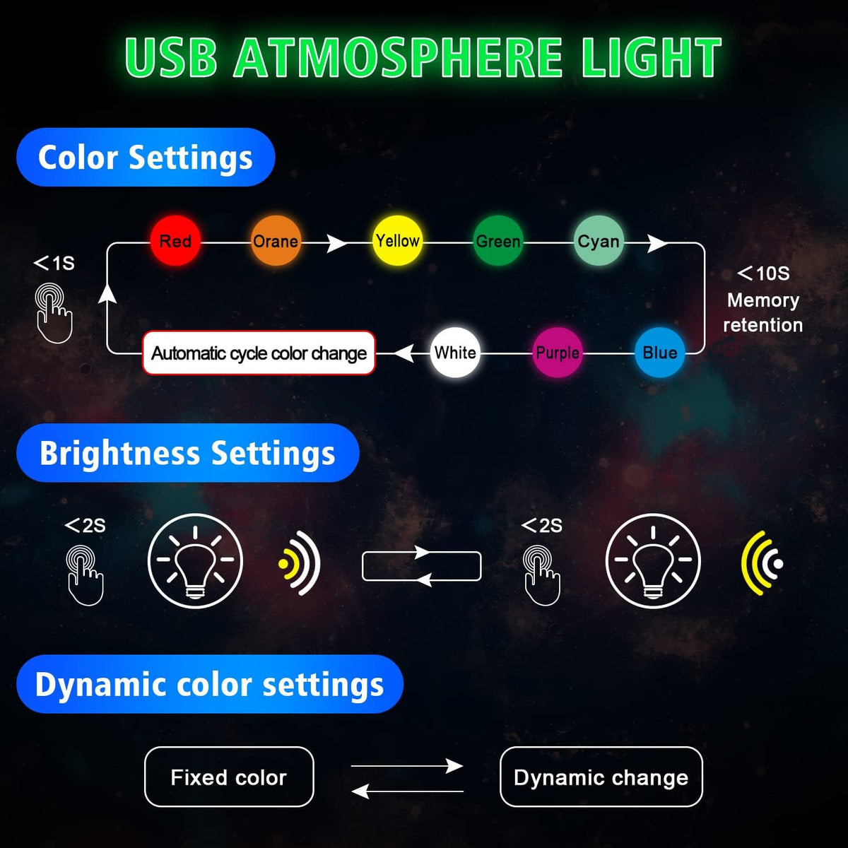 4 Pcs Mini USB LED Light, 8 Colors RGB Car LED Interior Lighting DC 5V Smart USB LED Atmosphere Light M43403