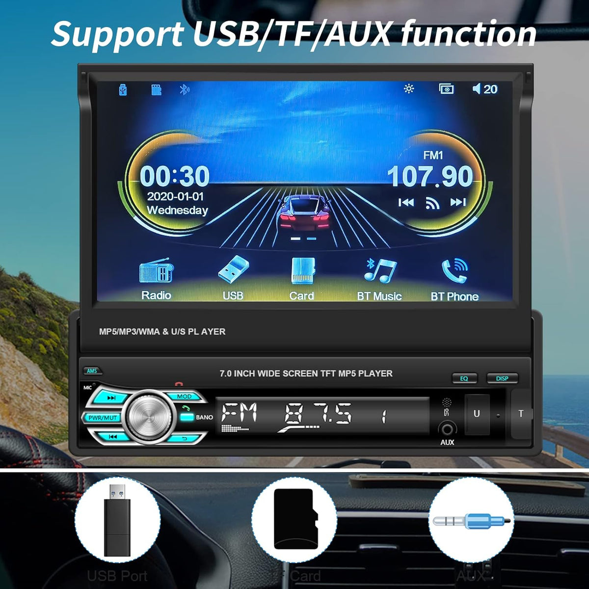 Single Din Car Stereo with Carplay Android Auto 7 Inch Touch Screen F33366