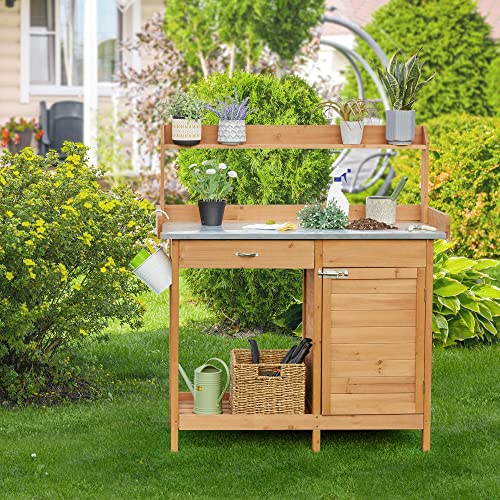 Outdoor Potting Bench Table with Cabinet Drawer Open Shelf B170524